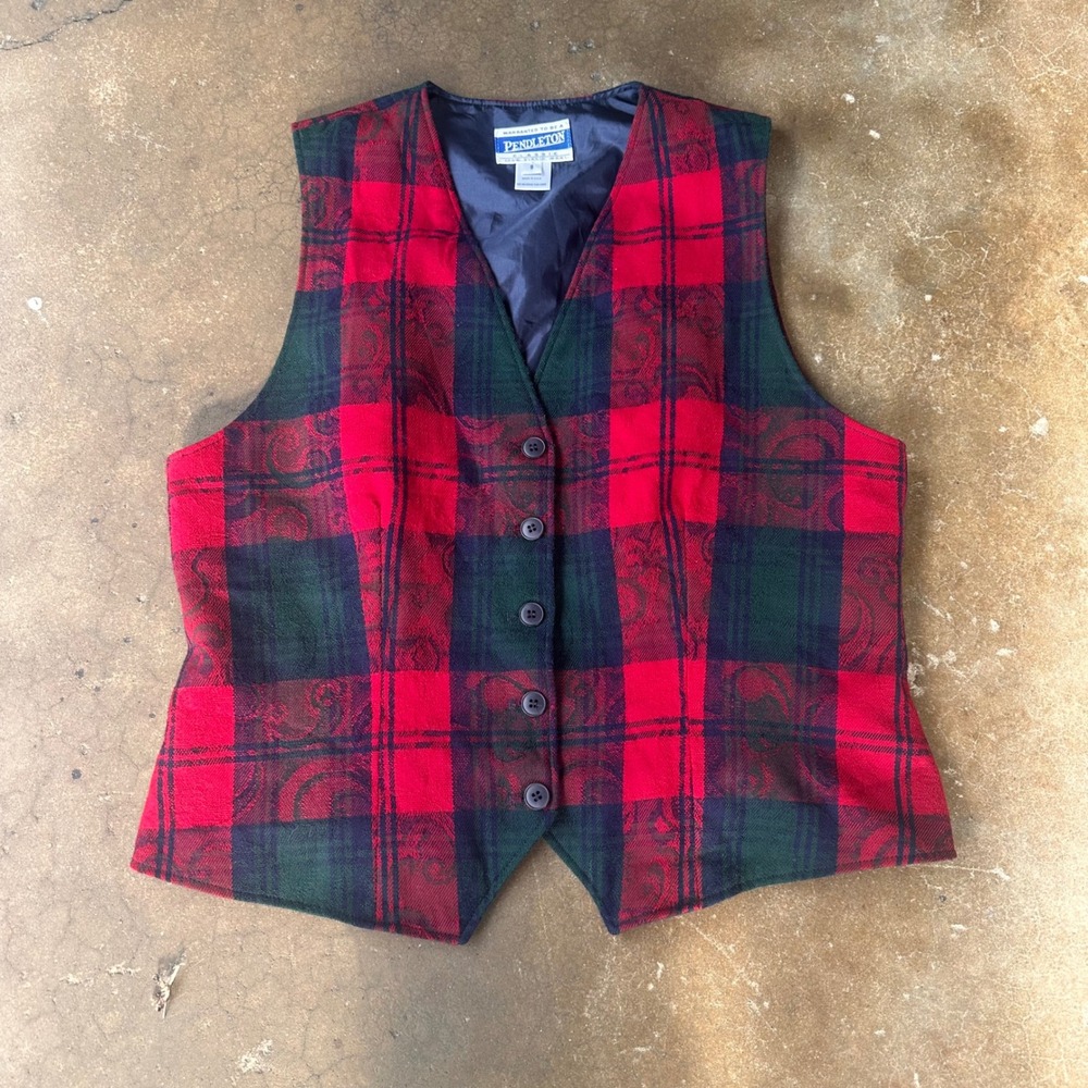 Pendleton Wool Vest Mens 8 Red Green Excellent Plaid Paisley Jacquard USA Made
